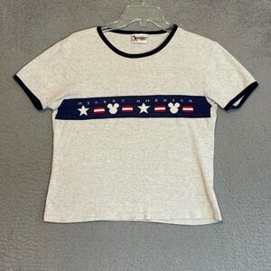 Vintage Disney World Mickey America T-Shirt Gray Navy Womens Medium